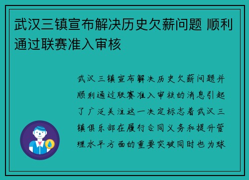 武汉三镇宣布解决历史欠薪问题 顺利通过联赛准入审核 武汉三镇宣布解决历史欠薪问题 顺利通过联赛准入审核