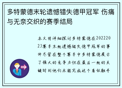 多特蒙德末轮遗憾错失德甲冠军 伤痛与无奈交织的赛季结局