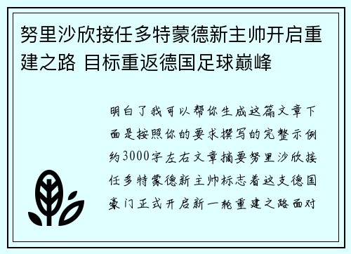 努里沙欣接任多特蒙德新主帅开启重建之路 目标重返德国足球巅峰
